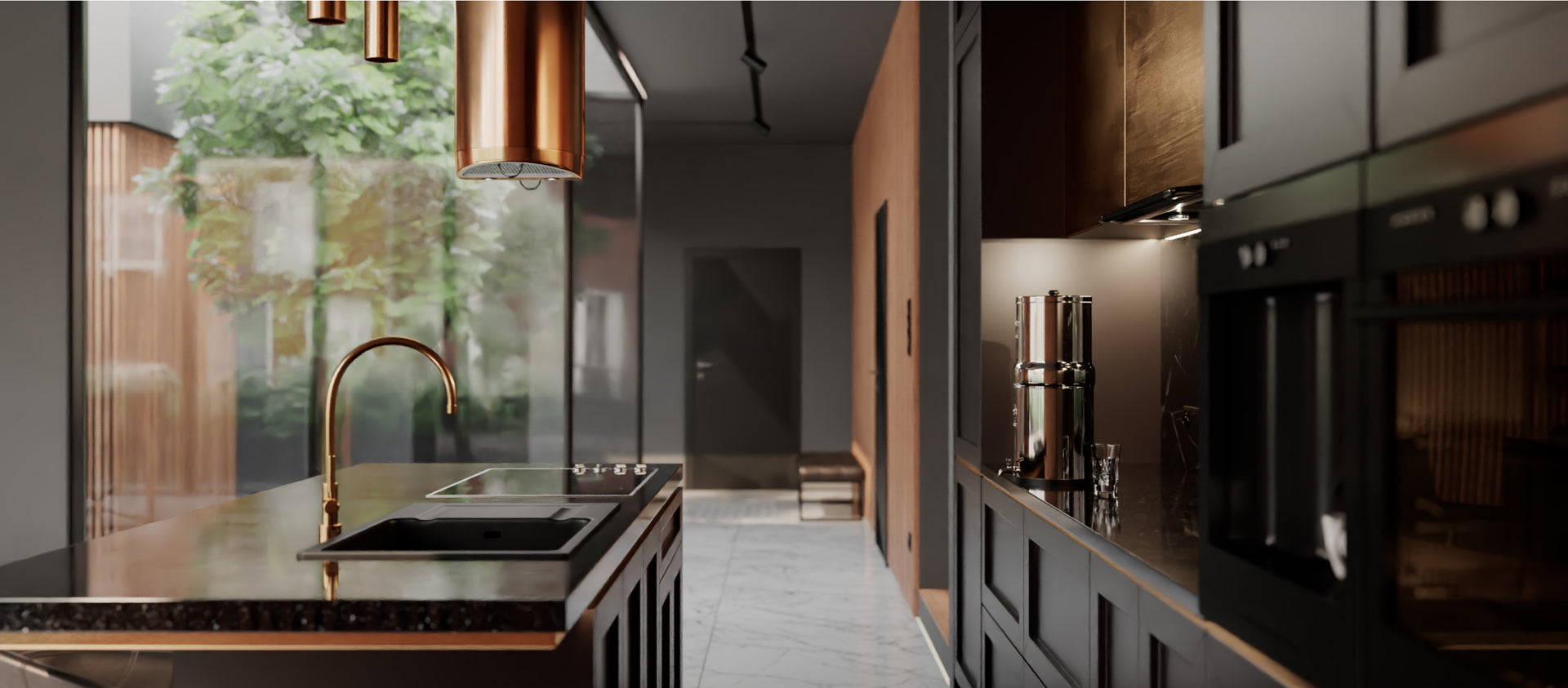 Modern kitchen featuring Phoenix Gravity Water Filter on countertop