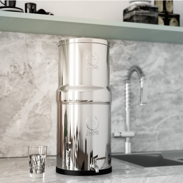 Phoenix Gravity Water Filter system showcasing premium stainless steel finish
