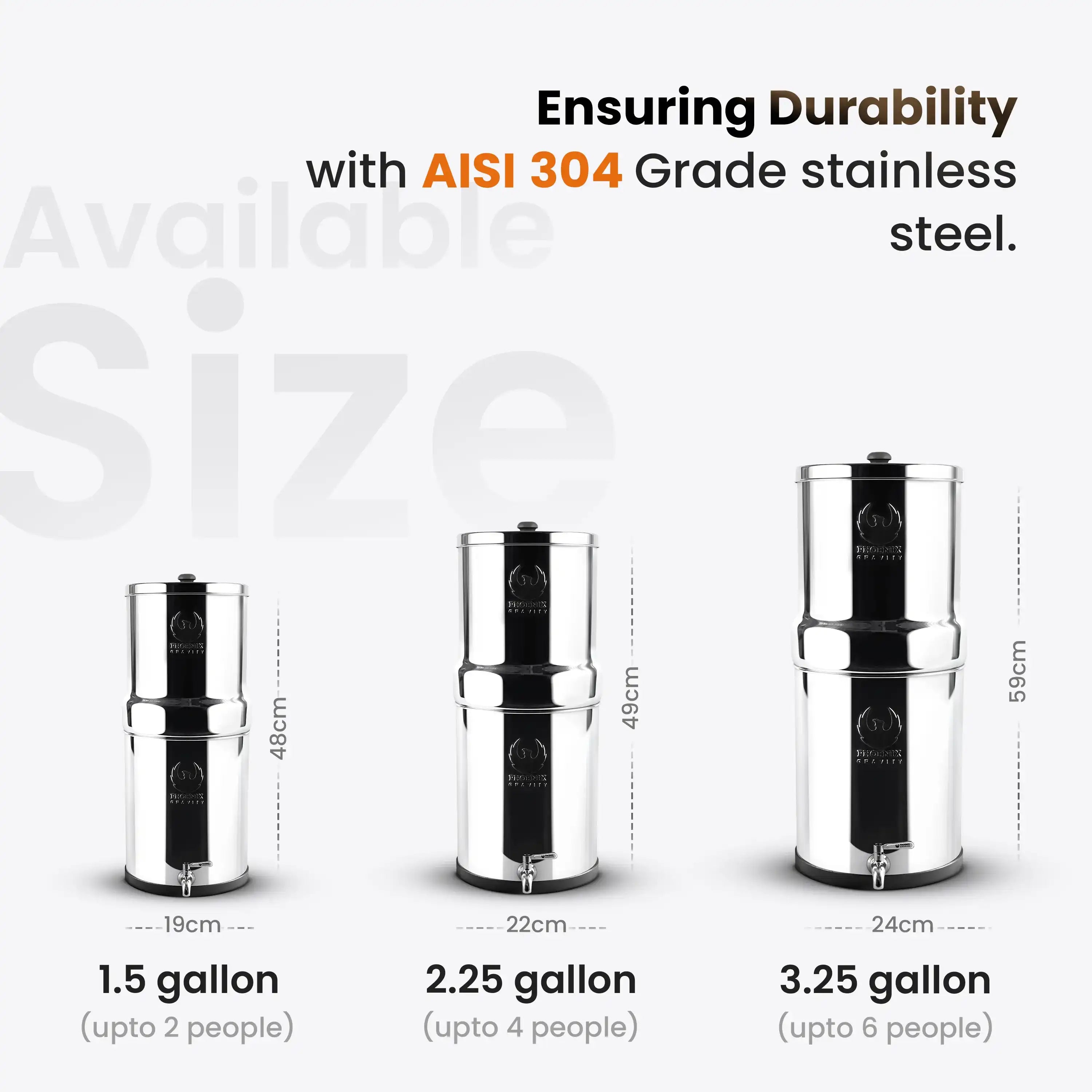 Three stainless steel containers with different capacities and dimensions, labeled for durability with AISI 304 grade steel.