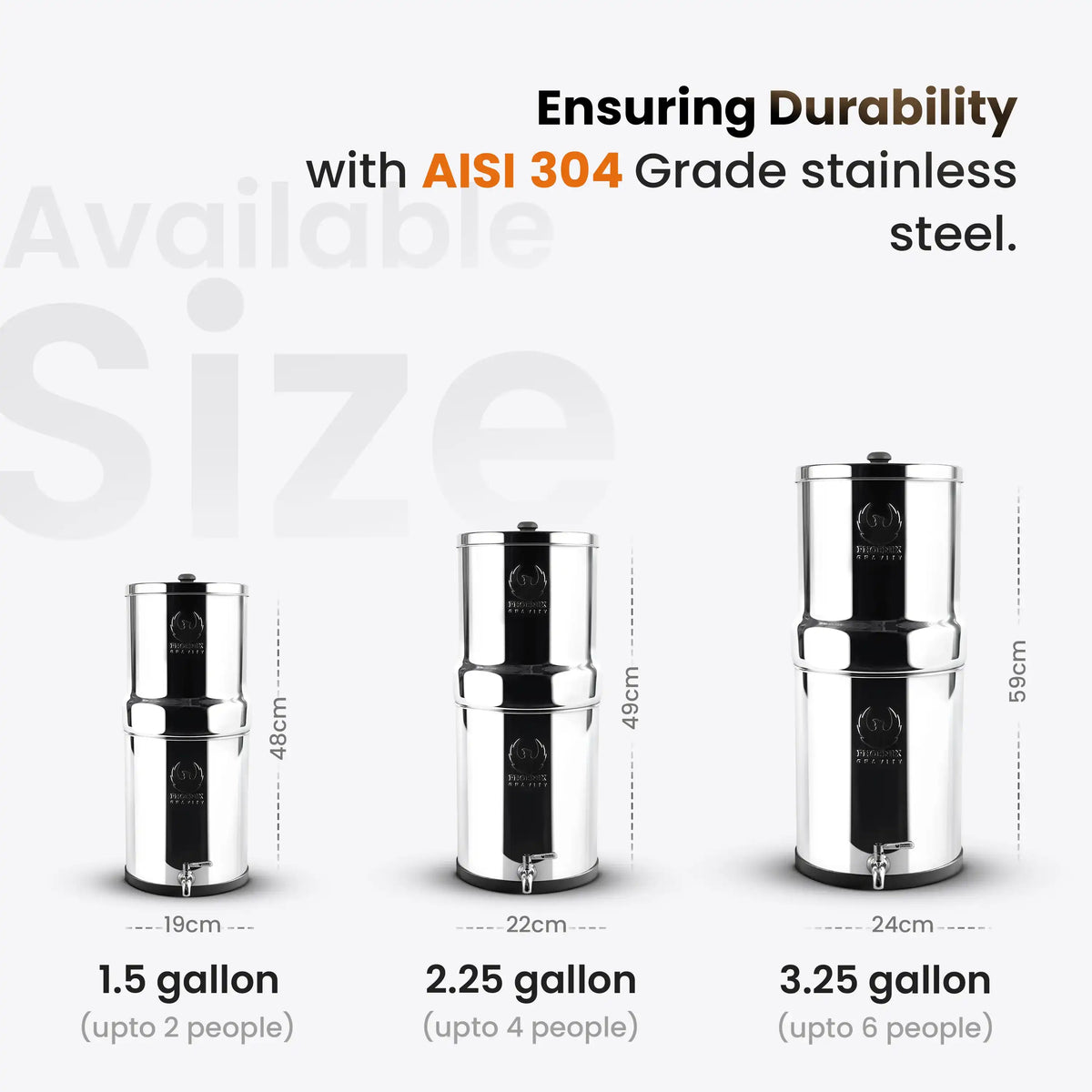 Three stainless steel containers with different capacities and dimensions, labeled for durability with AISI 304 grade steel.