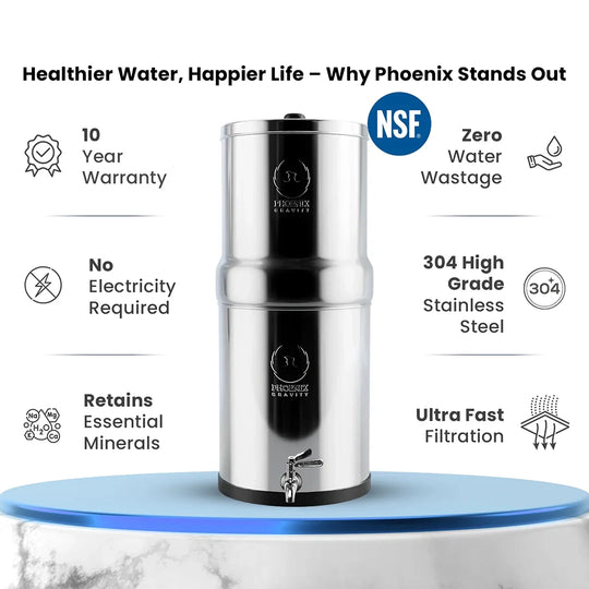 Phoenix Gravity stainless steel water filter with NSF certification and 10-year warranty