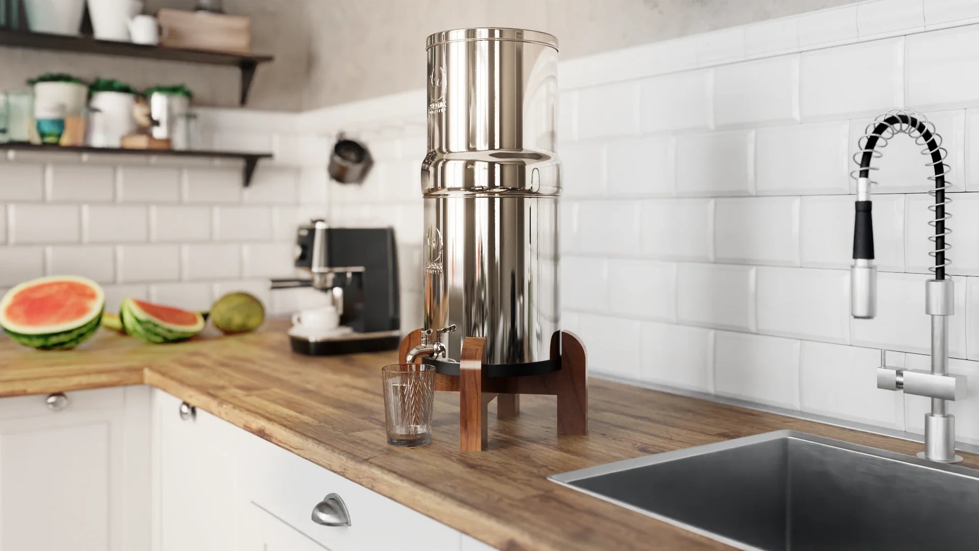 Modern kitchen with a water filter on the counter