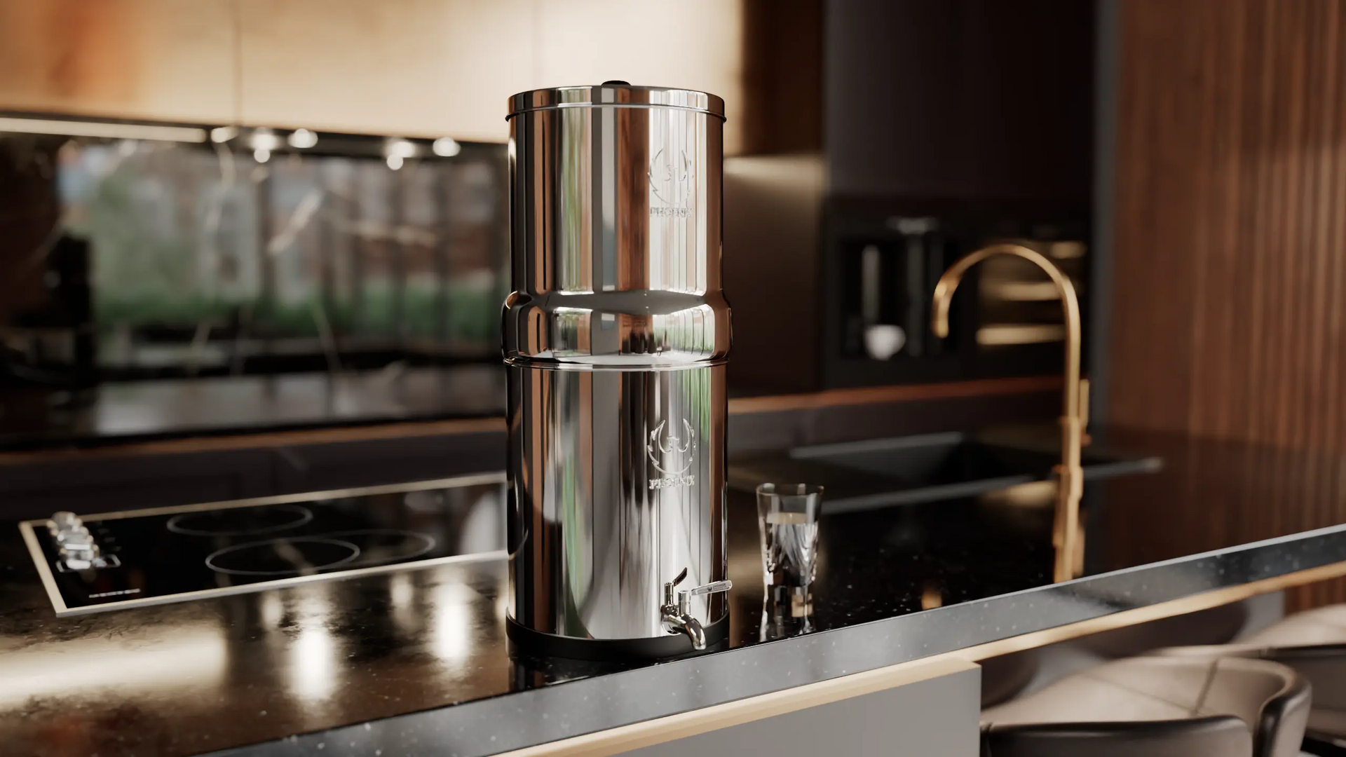 Stainless steel coffee maker on a kitchen counter with blurred background